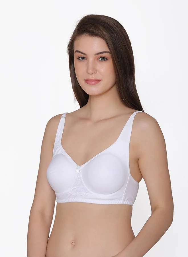 Clovia Clovia Non-Padded Non-Wired Full Coverage T-Shirt Bra with Lace in White - Cotton Rich