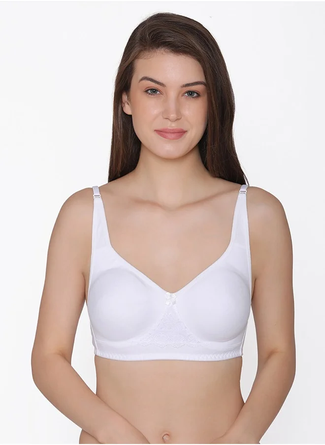 كلوفيا Clovia Non-Padded Non-Wired Full Coverage T-Shirt Bra with Lace in White - Cotton Rich