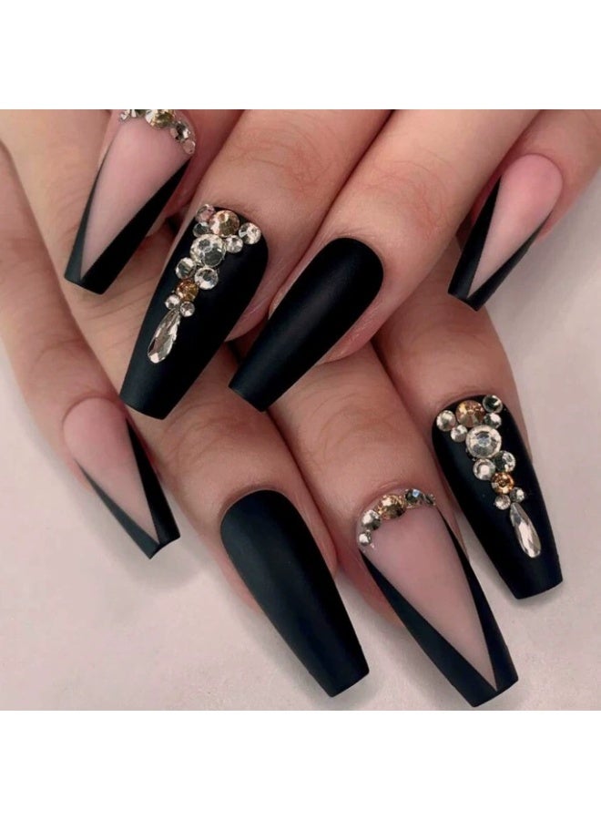 Goolsky Premium Long Stiletto Press-on Nails with Black Matte & Crystal Rhinestones for Gothic Luxury