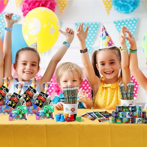 Sayglossy 251 Pcs Video Game Party Favors Set Includes Gift Bags Pencils Notebook Sharpener Slap Bracelets Rings Keychains Tattoo Gaming Stickers Stamper Gamer Party Favors for Kids Gamer Birthday - Image 5