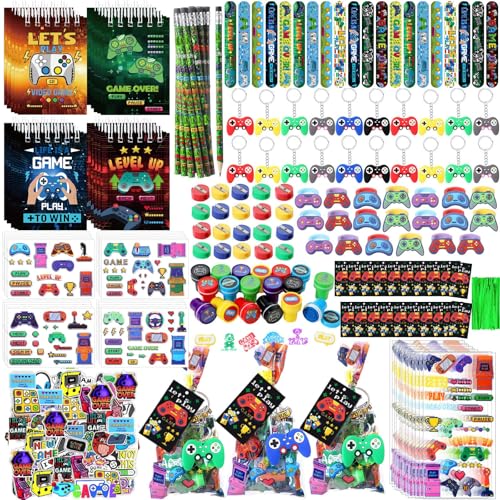 Sayglossy 251 Pcs Video Game Party Favors Set Includes Gift Bags Pencils Notebook Sharpener Slap Bracelets Rings Keychains Tattoo Gaming Stickers Stamper Gamer Party Favors for Kids Gamer Birthday - Image 1