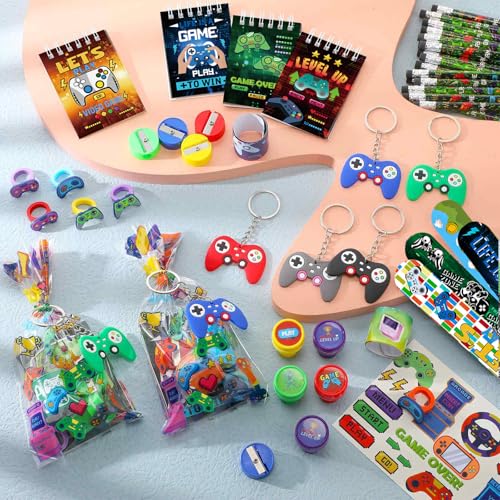 Sayglossy 251 Pcs Video Game Party Favors Set Includes Gift Bags Pencils Notebook Sharpener Slap Bracelets Rings Keychains Tattoo Gaming Stickers Stamper Gamer Party Favors for Kids Gamer Birthday - Image 4