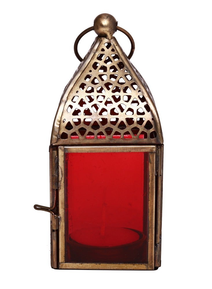 HILALFUL Handmade Decorative Candle Lantern, Small | Suitable for Indoor & Outdoor Décor | Moroccon Arabian Style | For Home Decoration in Ramadan, Eid | Iron | Islamic Gift | Red Glass - Image 1