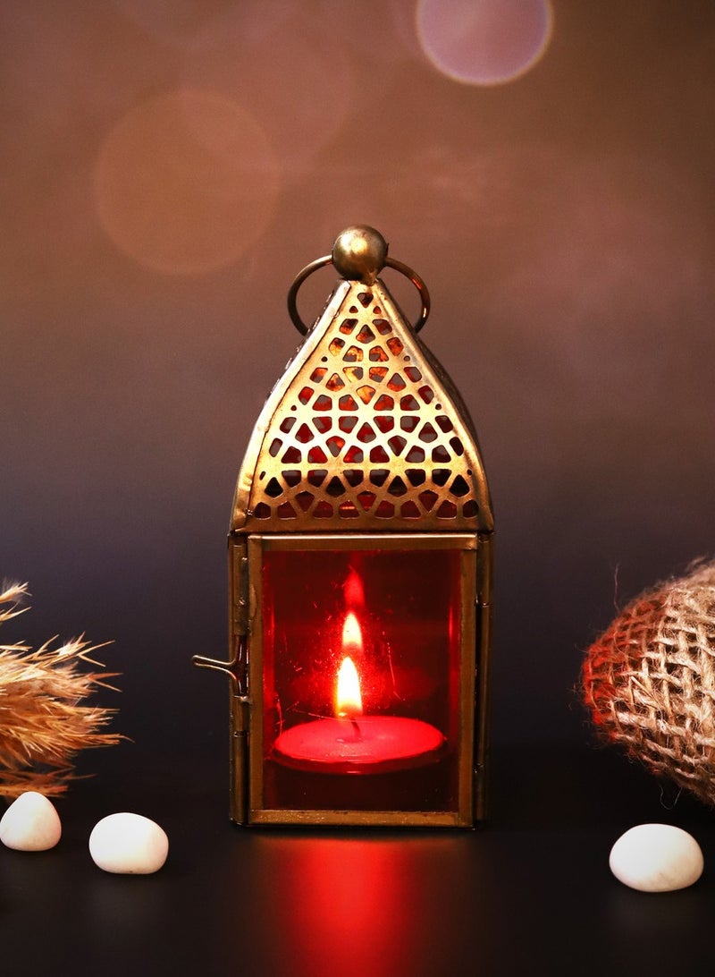 HILALFUL Handmade Decorative Candle Lantern, Small | Suitable for Indoor & Outdoor Décor | Moroccon Arabian Style | For Home Decoration in Ramadan, Eid | Iron | Islamic Gift | Red Glass - Image 2