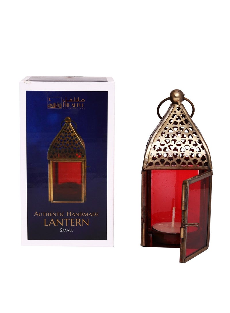 HILALFUL Handmade Decorative Candle Lantern, Small | Suitable for Indoor & Outdoor Décor | Moroccon Arabian Style | For Home Decoration in Ramadan, Eid | Iron | Islamic Gift | Red Glass - Image 3