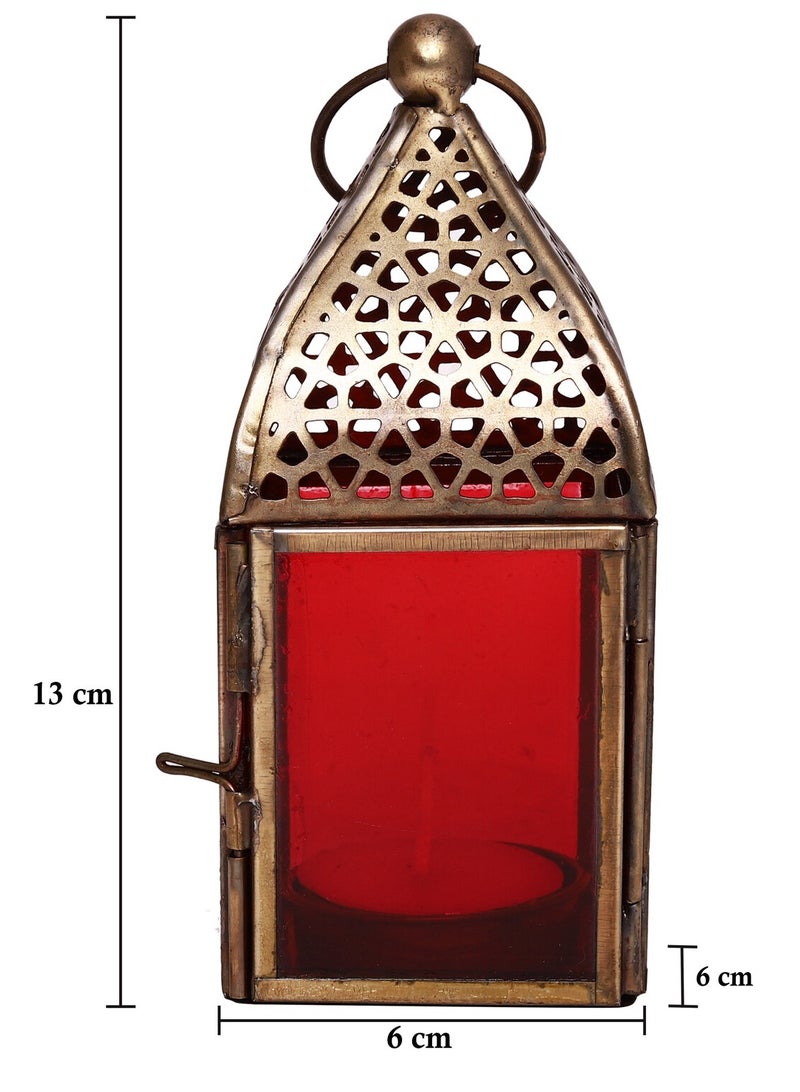 HILALFUL Handmade Decorative Candle Lantern, Small | Suitable for Indoor & Outdoor Décor | Moroccon Arabian Style | For Home Decoration in Ramadan, Eid | Iron | Islamic Gift | Red Glass - Image 4