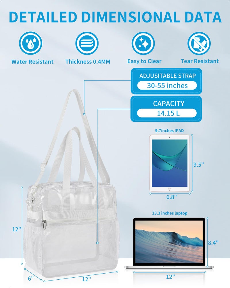 Paxiland Clear Bag for Stadium Events 12x6x12, Large Clear Tote Lunch Bag Stadium Approved with Reinforced Shoulder Straps for Concert Outfits and Festival , Transparent Handbag for Men - White - Image 3