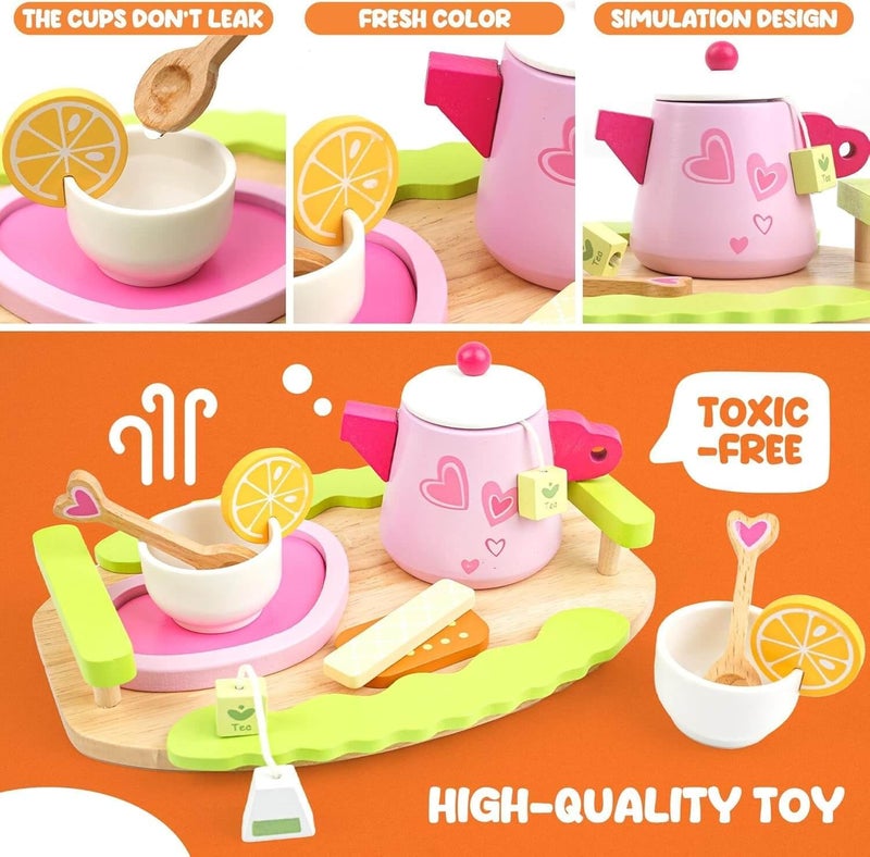 EDUTREE Wooden Tea Party Set for Girls – Pretend Play Kitchen Toy with Teapot, Cups, Desserts & Tray, Princess Play Food Set Birthday Gift for Toddlers Age 3 4 5 (Pink) - Image 2