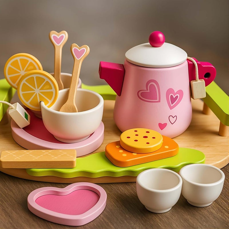 EDUTREE Wooden Tea Party Set for Girls – Pretend Play Kitchen Toy with Teapot, Cups, Desserts & Tray, Princess Play Food Set Birthday Gift for Toddlers Age 3 4 5 (Pink) - Image 1