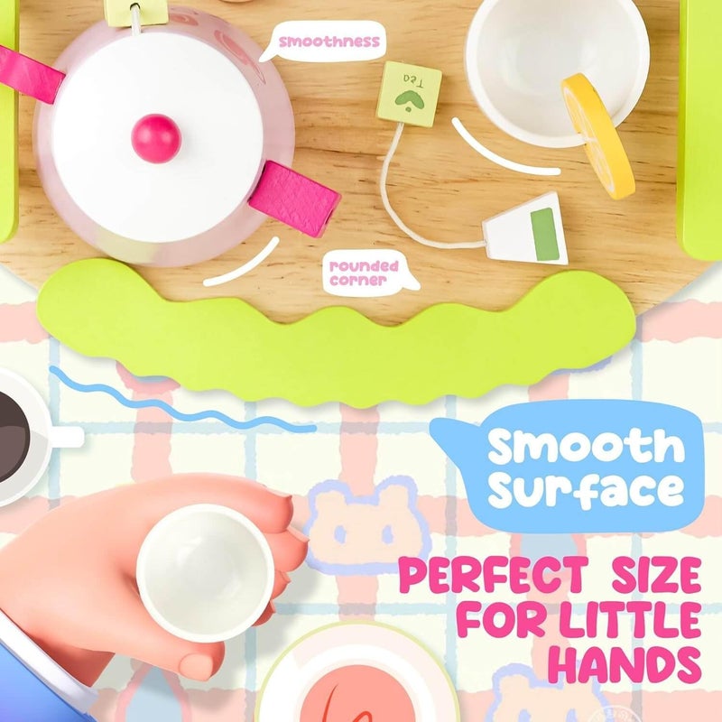 EDUTREE Wooden Tea Party Set for Girls – Pretend Play Kitchen Toy with Teapot, Cups, Desserts & Tray, Princess Play Food Set Birthday Gift for Toddlers Age 3 4 5 (Pink) - Image 5