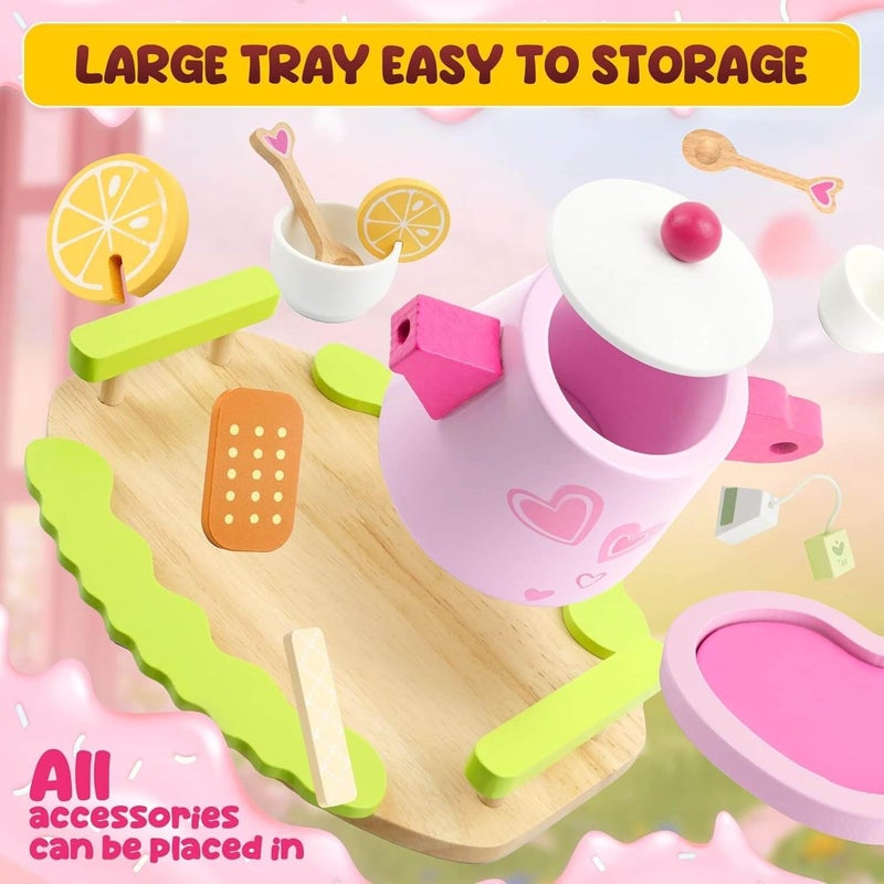 EDUTREE Wooden Tea Party Set for Girls – Pretend Play Kitchen Toy with Teapot, Cups, Desserts & Tray, Princess Play Food Set Birthday Gift for Toddlers Age 3 4 5 (Pink) - Image 3