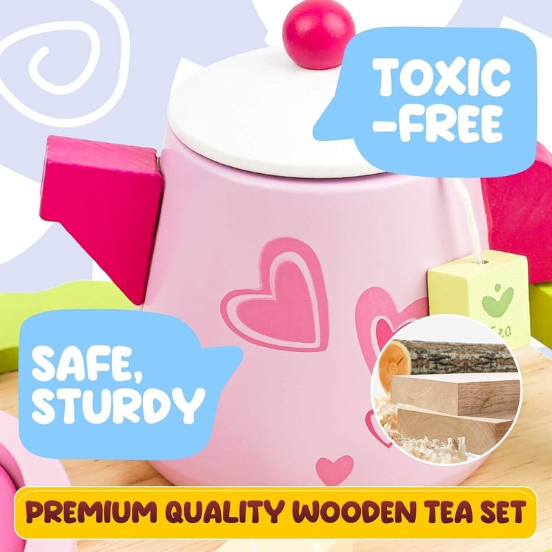 EDUTREE Wooden Tea Party Set for Girls – Pretend Play Kitchen Toy with Teapot, Cups, Desserts & Tray, Princess Play Food Set Birthday Gift for Toddlers Age 3 4 5 (Pink) - Image 4