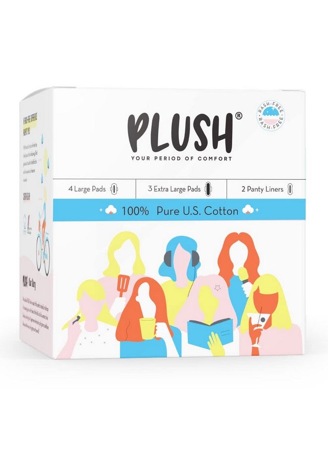 Plush Sanitary Pads For Women (7 Pads) 100% Pure U.S. Cotton Senitary Napkins | 4 Light Flow Pads (L) 3 Heavy Flow Pads (Xl) & 2 Panty Liners | Ultra-Thin & Rash Free | Vegan For All Skin Type | Dry And Comfortable  - Image 1