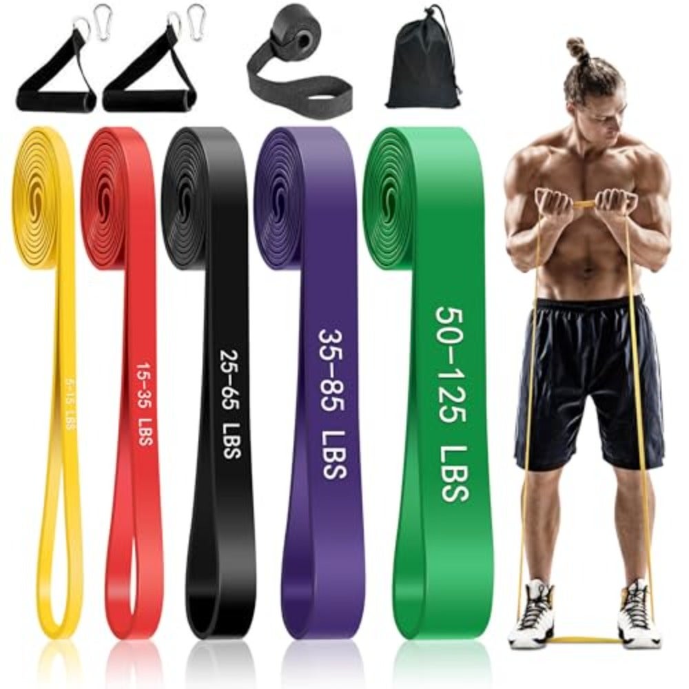 Resistance Bands Set with Handles and Door Anchor Pull Up Assistance Bands for Full Body Workout Fitness, Stretching Physical Therapy Home Gym Use 5 PCS Heavy-Duty Latex Bands