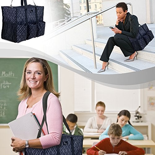 Pursetti Utility Tote with Pockets & Compartments-Perfect Nurse Tote Bag, Teacher Bag, Work Bags for Women & Craft Tote (Black Trellis_Large) - Image 5