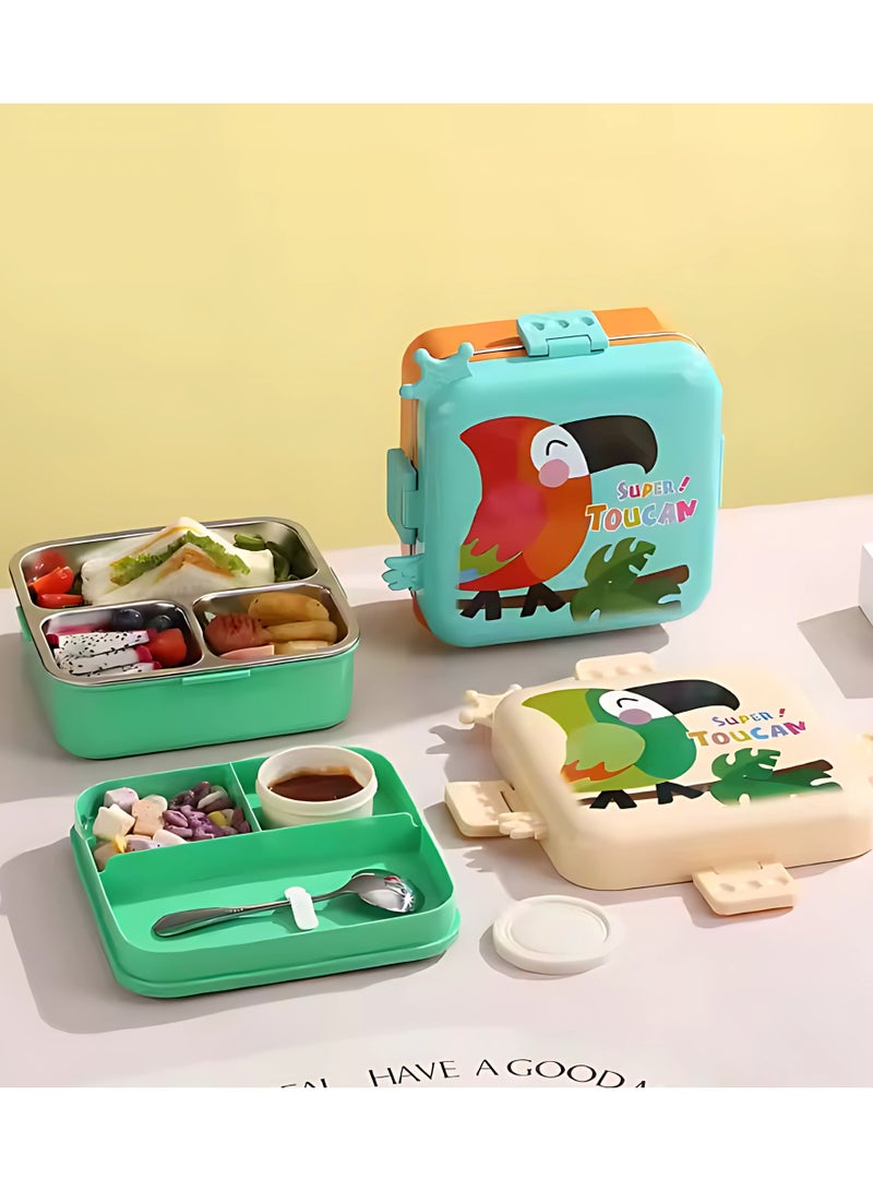 Twisoo Twisoo Kids Lunch Box Stainless Steel Insulated – Double Decker Leakproof Bento Box with Spoon, Soup Bowl, Dishwasher Safe, Durable, Perfect for School or Travel 1120ml (Parrot Cream)  - Image 2