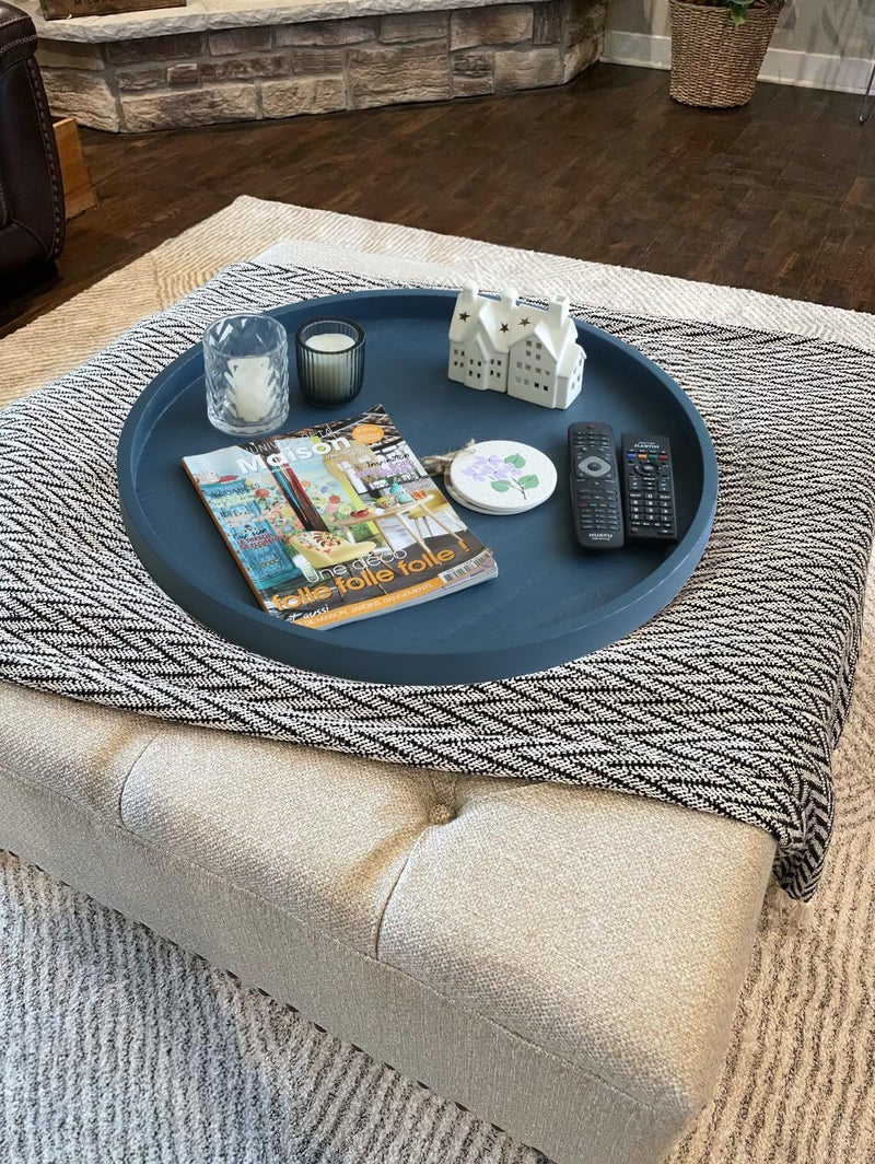 Gurfuy Round Ottoman Table Tray Round-24 - Rustic Wooden Serving Tray for Farmhouse Decorative Oversized Coffee Table Trays Living Room Kitchen Counter Breakfast Blue - Image 4