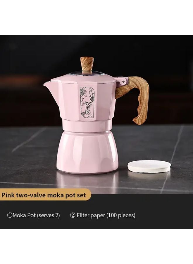 مجموعة وعاء موكا الوردي بصمام مزدوج لـ 2 فنجان مع 100 مرشح، هيكل ألومنيوم بطلاء غير لاصق - Image 1