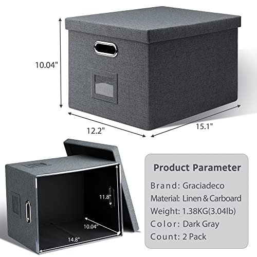 Graciadeco File Organizer, Collapsible Storage Filling Box with Lid for Letter Legal Size Hanging Folders Decorative Linen File Folder Box Document Storage Filing Bin, Dark Gray 2 Pack - Image 2