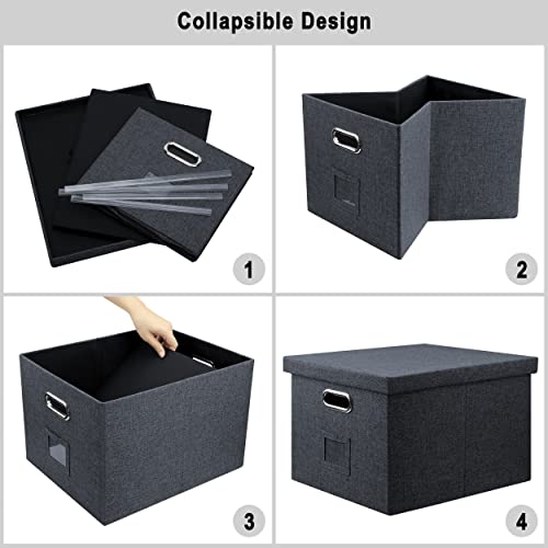 Graciadeco File Organizer, Collapsible Storage Filling Box with Lid for Letter Legal Size Hanging Folders Decorative Linen File Folder Box Document Storage Filing Bin, Dark Gray 2 Pack - Image 5