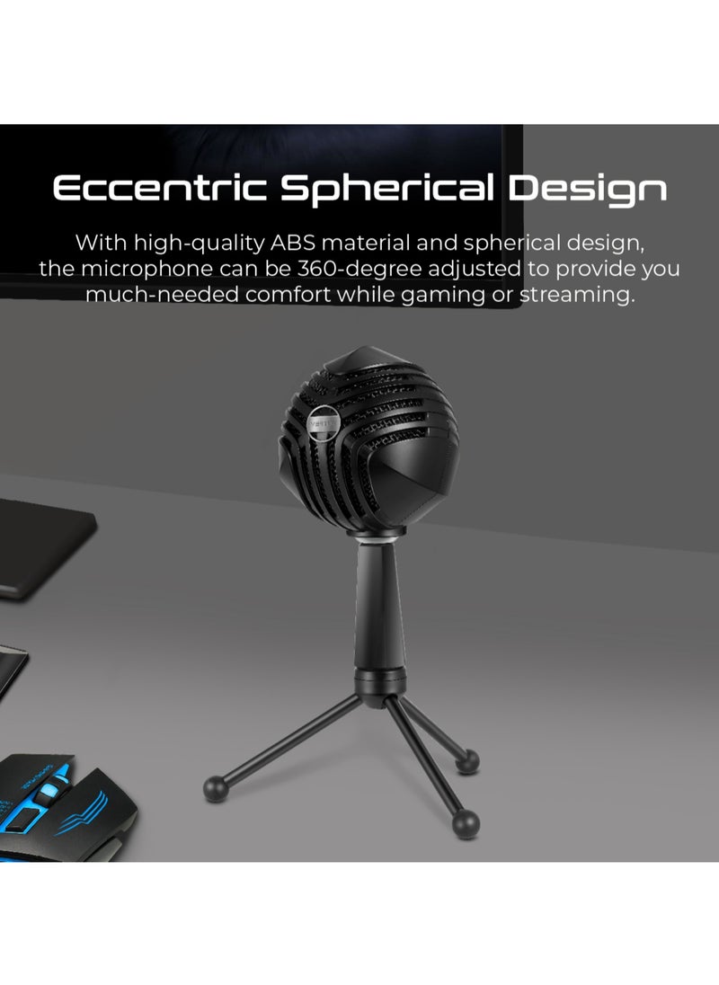 VERTUX - Vertux Desktop Microphone, Premium USB Condenser Microphone with HD Sound, Headphone Output, Smart LED Light Adjustable Stand, Volume Control, Mute Button and 360 Degree Swivel Ball Head for Gaming Console, Recording, Skype, PC, Sphere Black - Image 1