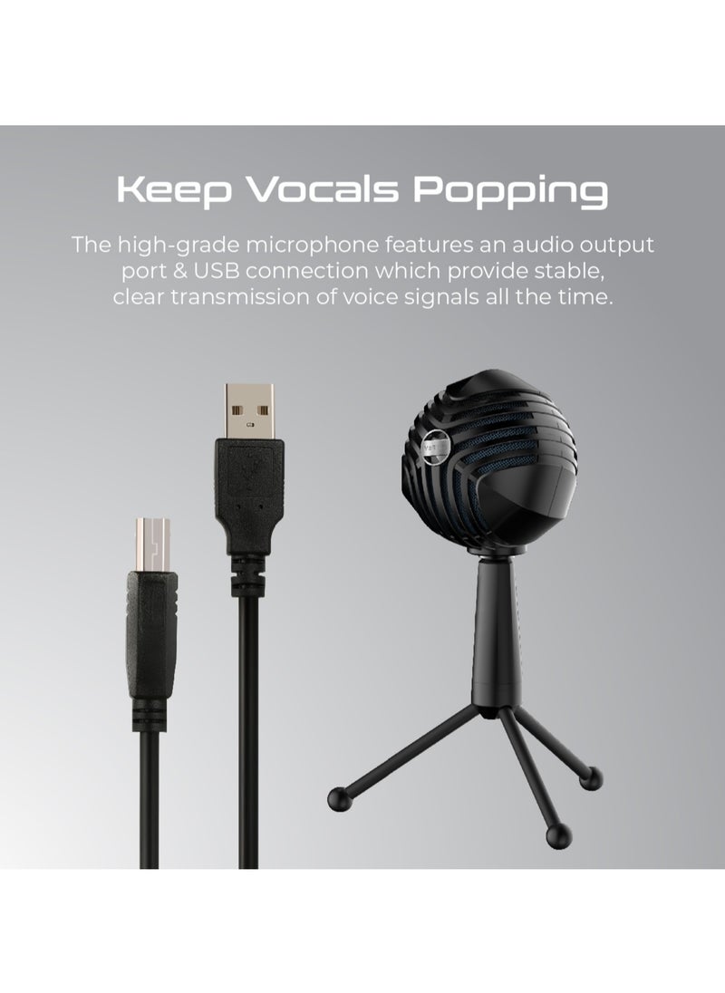 VERTUX - Vertux Desktop Microphone, Premium USB Condenser Microphone with HD Sound, Headphone Output, Smart LED Light Adjustable Stand, Volume Control, Mute Button and 360 Degree Swivel Ball Head for Gaming Console, Recording, Skype, PC, Sphere Black - Image 1