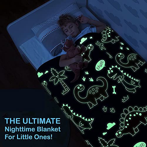 BLiSS HUES Glow in The Dark Blanket Gifts for Toddler Kids Teen Girls| 200cm x 150cm |Bedroom Décor, Lightweight Throw Blankets|Soft Cozy Fluffy Luminous Throw Blanket - Blue Dino - 2 - Image 2