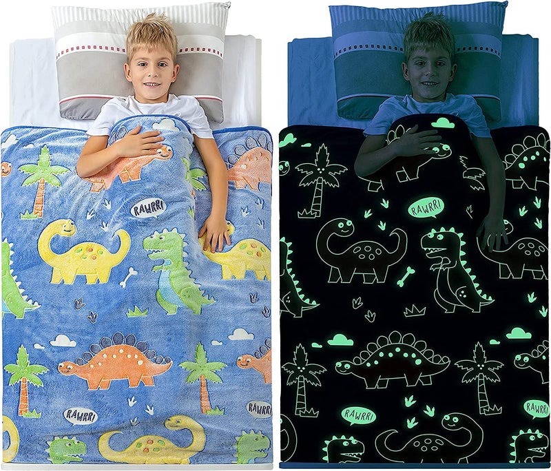 BLiSS HUES Glow in The Dark Blanket Gifts for Toddler Kids Teen Girls| 200cm x 150cm |Bedroom Décor, Lightweight Throw Blankets|Soft Cozy Fluffy Luminous Throw Blanket - Blue Dino - 2 - Image 1