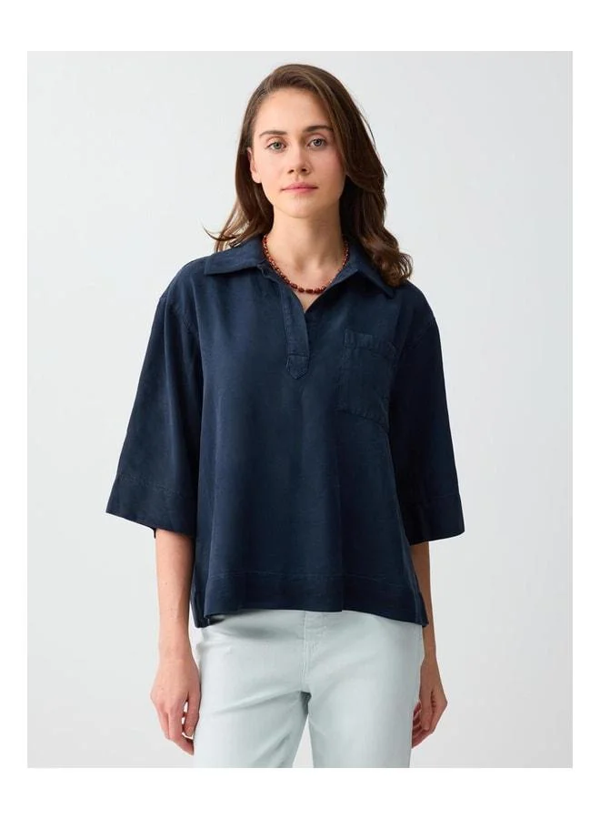 Jimmy Key Navy Blue Polo Collar Truvakar Knitted Blouse.