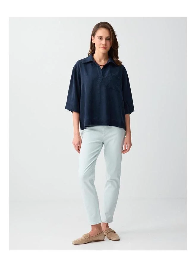 Jimmy Key Navy Blue Polo Collar Truvakar Knitted Blouse.
