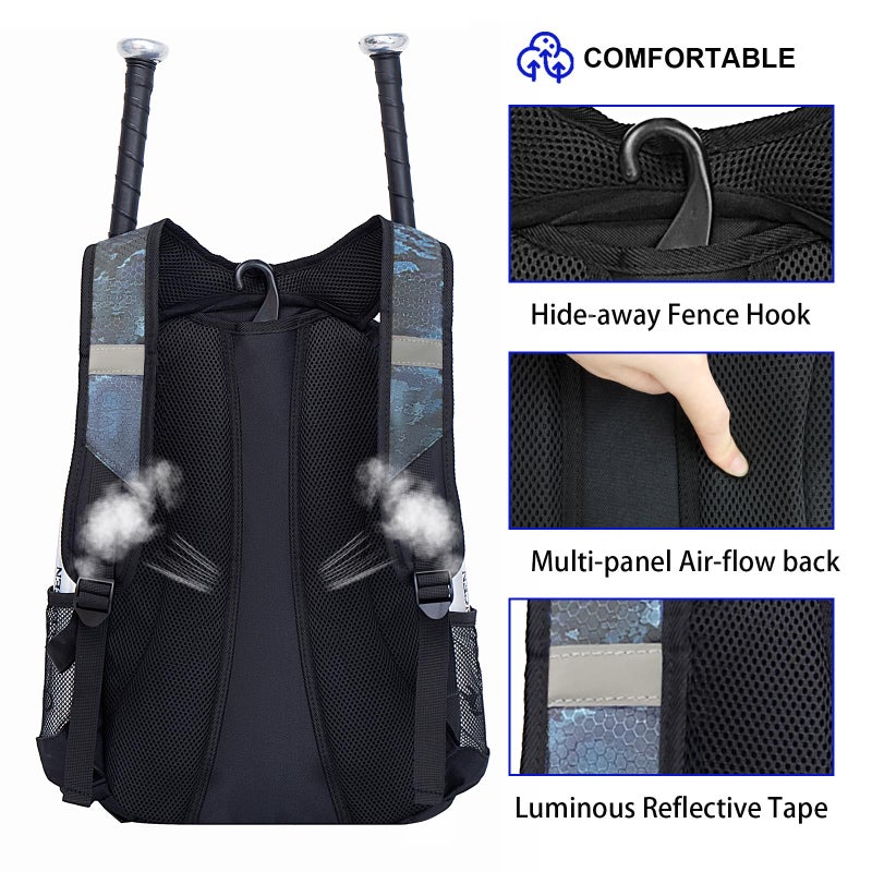 DAFISKY Baseball Bag Softball Backpack - Youth Adult T Ball Bat Equipment Bag with Bat and Helmet Holders,CamouflageBlue - Image 5