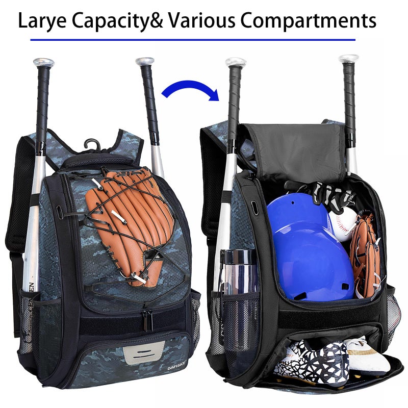 DAFISKY Baseball Bag Softball Backpack - Youth Adult T Ball Bat Equipment Bag with Bat and Helmet Holders,CamouflageBlue - Image 3