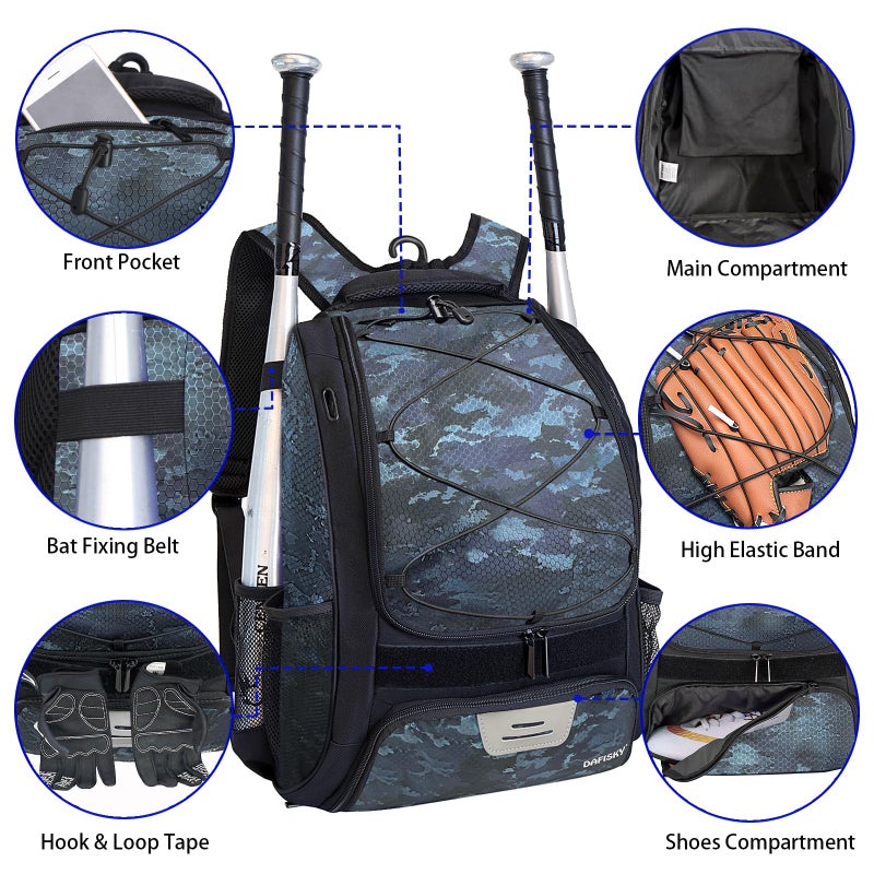 DAFISKY Baseball Bag Softball Backpack - Youth Adult T Ball Bat Equipment Bag with Bat and Helmet Holders,CamouflageBlue - Image 4