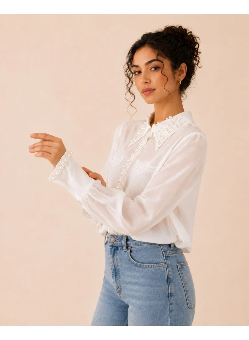 2Trendy Women's White Sheer Shirt with Pearl Collar and Long Sleeves