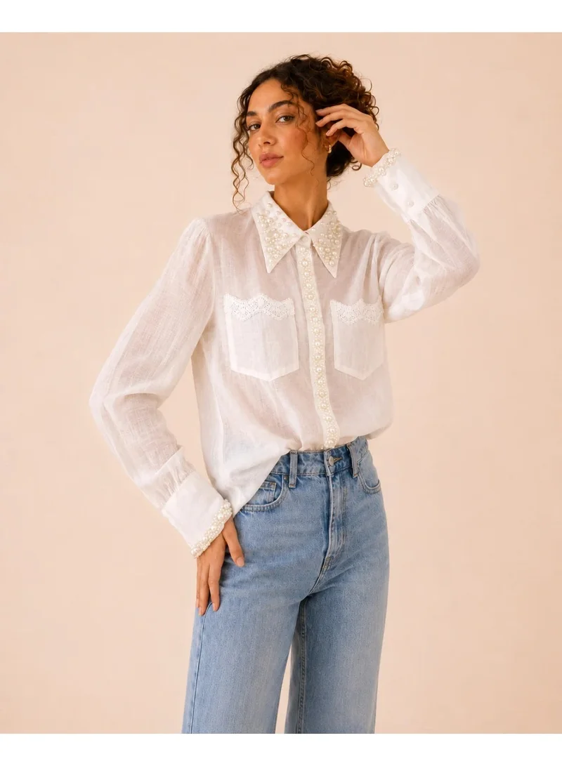 2Trendy Women's White Sheer Shirt with Pearl Collar and Long Sleeves