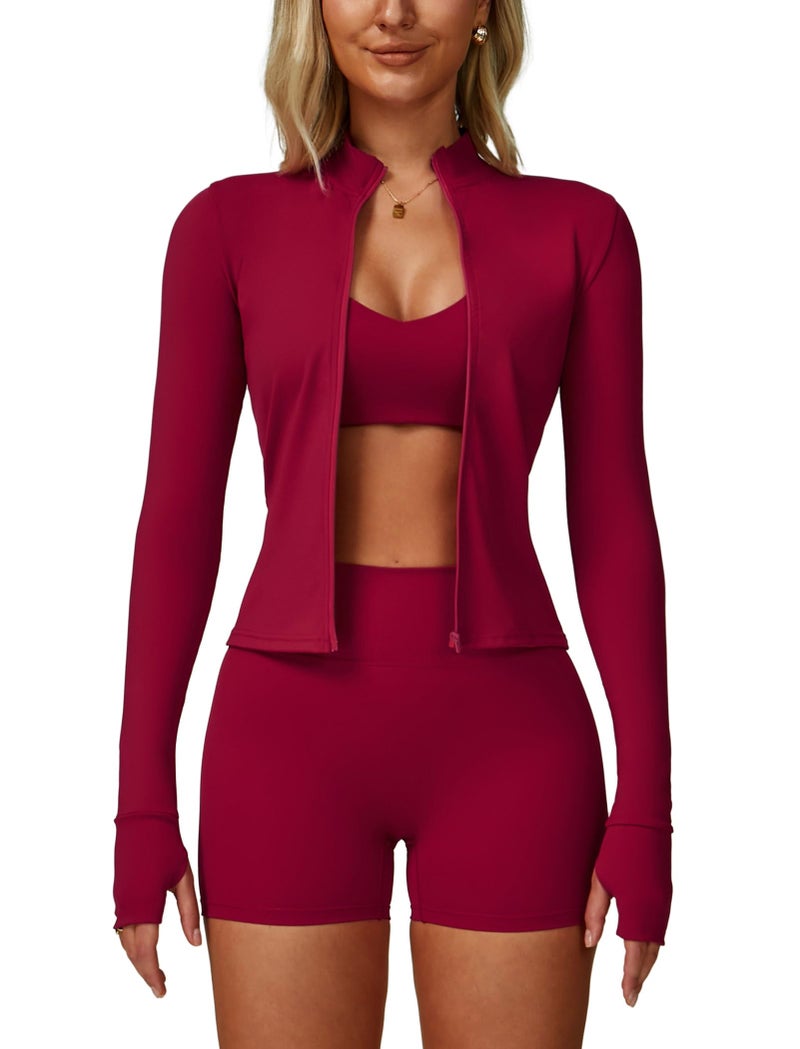 ABOCIW Workout Sets for Women 3 Piece Fall Winter Gym Clothes Zipper Long Sleeve Jacket with Thumb Holes V Neck Sports Bra High Waist Shorts Yoga Pilates Outfits Berry Red Medium - Image 1