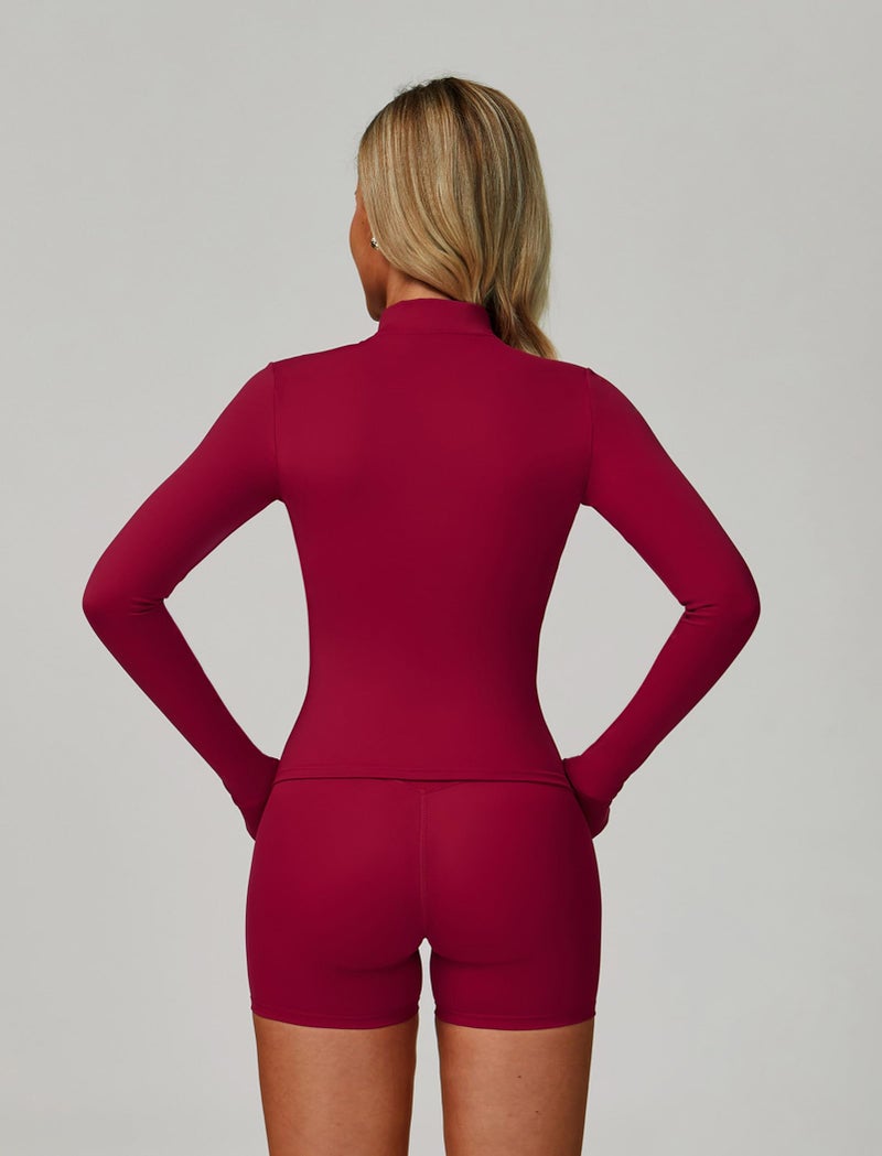 ABOCIW Workout Sets for Women 3 Piece Fall Winter Gym Clothes Zipper Long Sleeve Jacket with Thumb Holes V Neck Sports Bra High Waist Shorts Yoga Pilates Outfits Berry Red Medium - Image 2