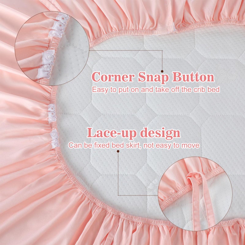 SmoothNovelty Pink Crib Bed Skirts with 4 Large Cot Bow 28" x 52" Baby Crib Skirt for Boys Girls Nursery Toddler Bedskirt Dust Ruffle 14" Drop - Image 3