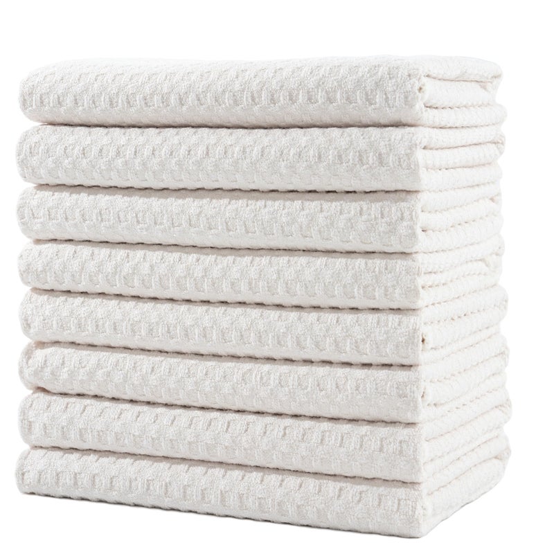 POLYTE Ultra Premium Microfiber Kitchen Dish Hand Towel Waffle Weave 8 Pack 16x28 in Off White