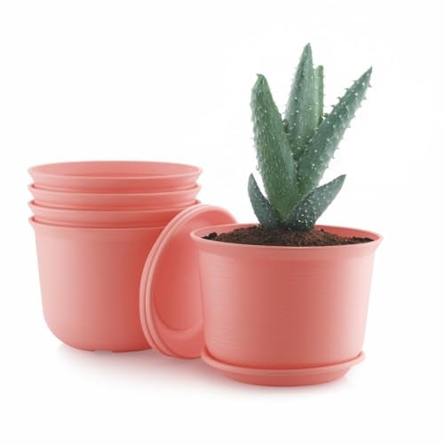 INKULTURE 10 Inch Plastic Round Flower Pots with Tray for Home, Terrace, Garden Etc | Pack of 05 | Pink Color | for Home Indoor & Outdoor Gardening Plants - Image 1
