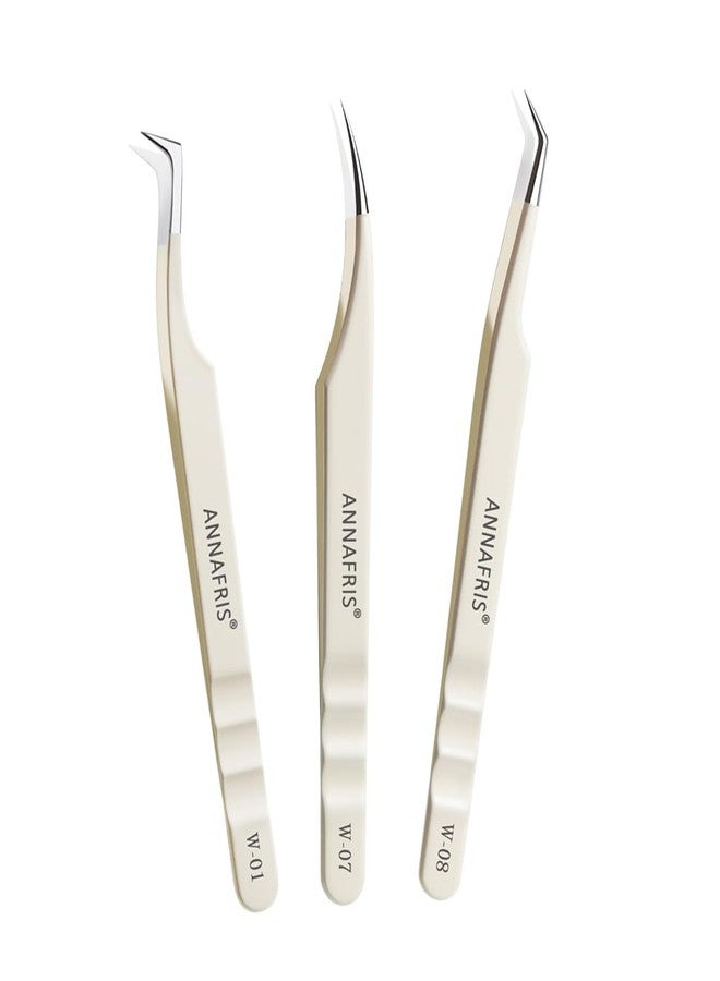 ANNAFRIS Lash Tweezers for Eyelash Extensions,Stainless Steel Lash Extension Tweezers for Easy Application and Removal-W01+07+08 - Image 1