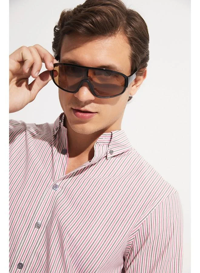 JUNE June Exclusive Men Long Sleeve Striped Regular Fit Shirt Ecru - Khaki