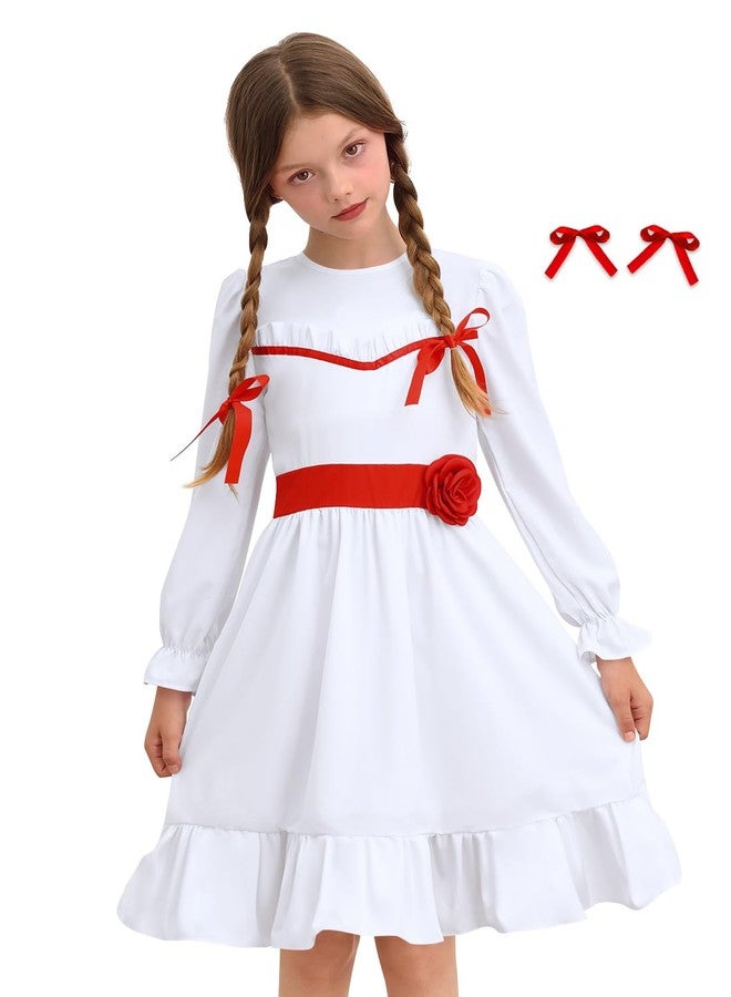 BesserBay Girl's Halloween Long Sleeve Party White with Rose Belt Comfor Scary Ananbell Costume Dress with Red Hair Bows 9-10 Years - Image 1