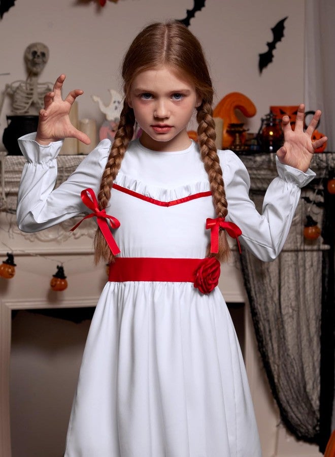 BesserBay Girl's Halloween Long Sleeve Party White with Rose Belt Comfor Scary Ananbell Costume Dress with Red Hair Bows 9-10 Years - Image 3