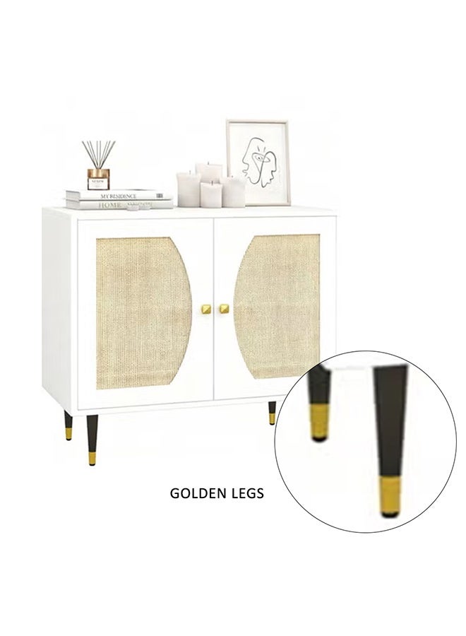 كلناميان خزانة تخزين بيضاء عصرية بأبواب من الخيزران، وبوفيه جانبي مزين بقطع ذهبية وأرجل مدببة. - Image 4