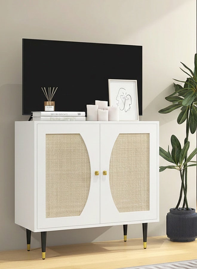 كلناميان خزانة تخزين بيضاء عصرية بأبواب من الخيزران، وبوفيه جانبي مزين بقطع ذهبية وأرجل مدببة. - Image 2