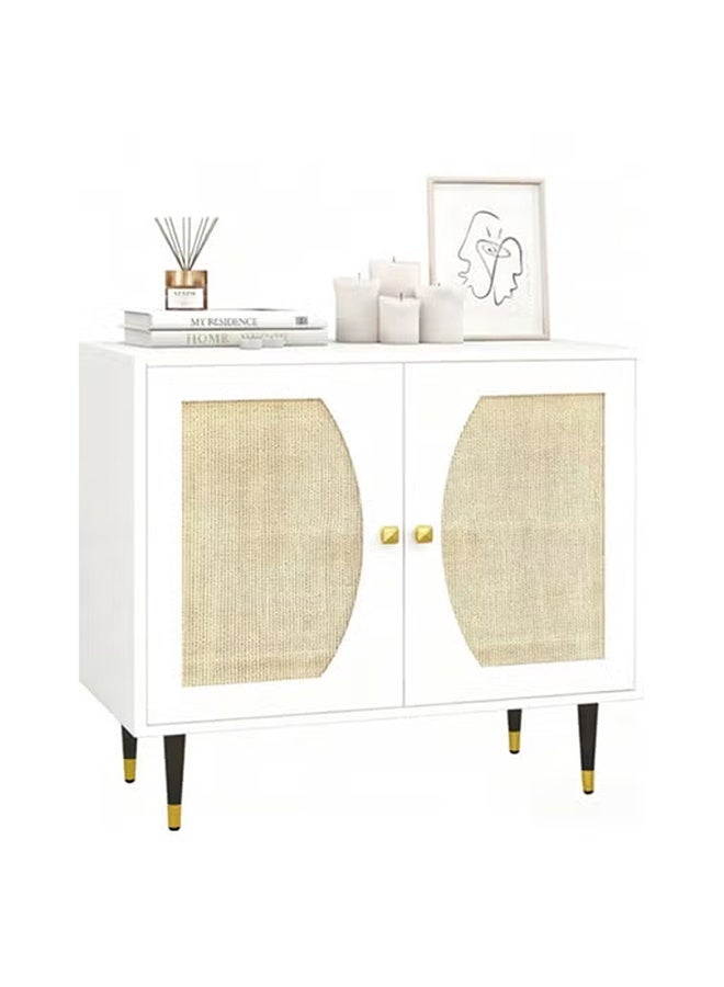 كلناميان خزانة تخزين بيضاء عصرية بأبواب من الخيزران، وبوفيه جانبي مزين بقطع ذهبية وأرجل مدببة. - Image 1