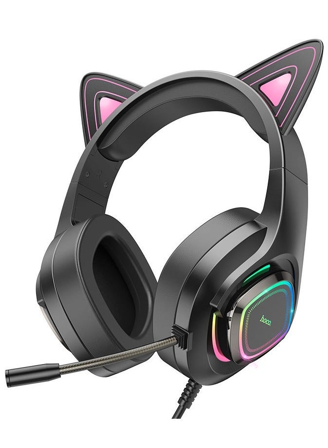 Hoco Headphones W107 Cute Cat Wired Gaming Headset with LED Cat Ear Lights – Dual 3.5mm & USB-A Connectivity, Long Flexible Microphone for Clear Voice Chat, Comfortable Leather Earmuffs for Extended Gaming Sessions, Perfect for PC, Laptop & Consoles  - Image 1