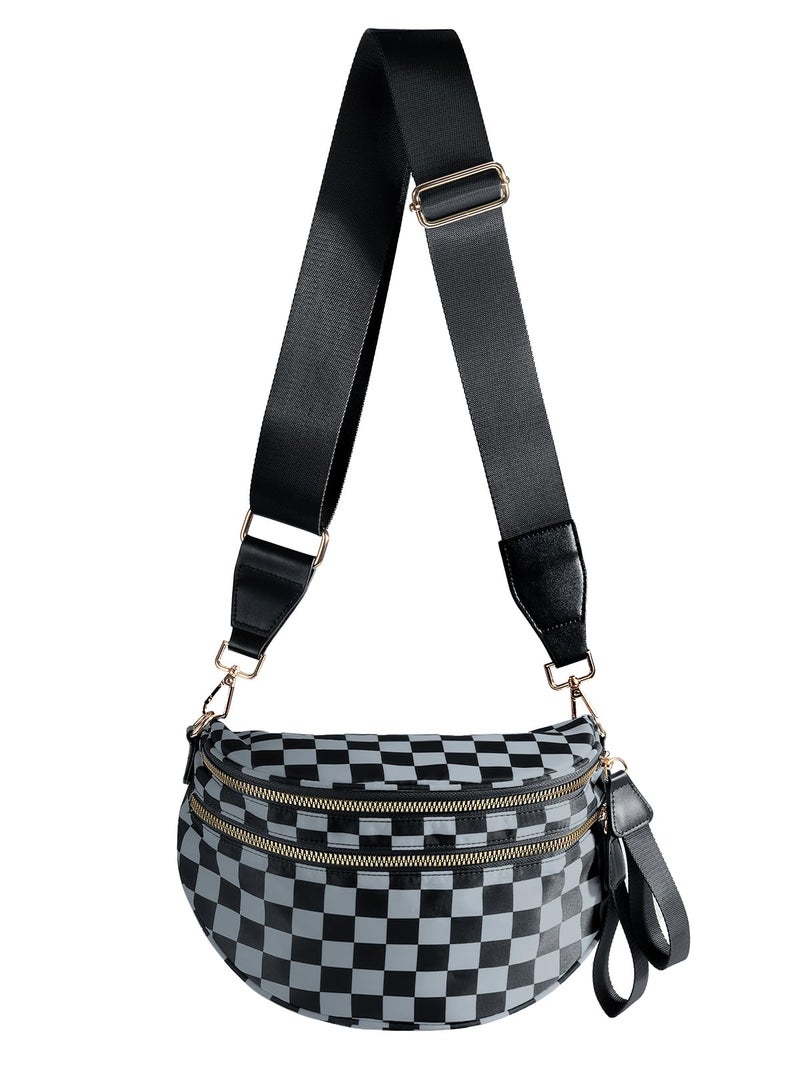 MEISEY Black and White Checkered Crossbody Bum Bag for Women,Spacious Checkered Purse Fanny Packs Belt Bag Sling Bag with Shoulder Strap (Dark Gray Checkered) - Image 1
