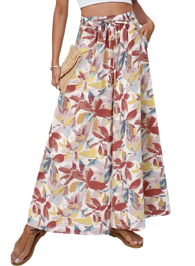 SimpleFun Women's Palazzo Pants Boho Floral Wide Leg Trousers Summer Beach High Waisted Flowy Pants with Pockets, Floral Orange, M - Image 1